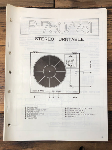 Yamaha P-750 P-751 Record Player / Turntable  Service Manual *Original*