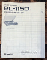 Pioneer PL-115D Record Player / Turntable  Owner / User Manual *Original*