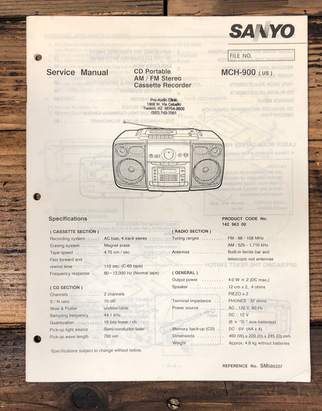 Sanyo MCH-900 Stereo Service Manual *Original*