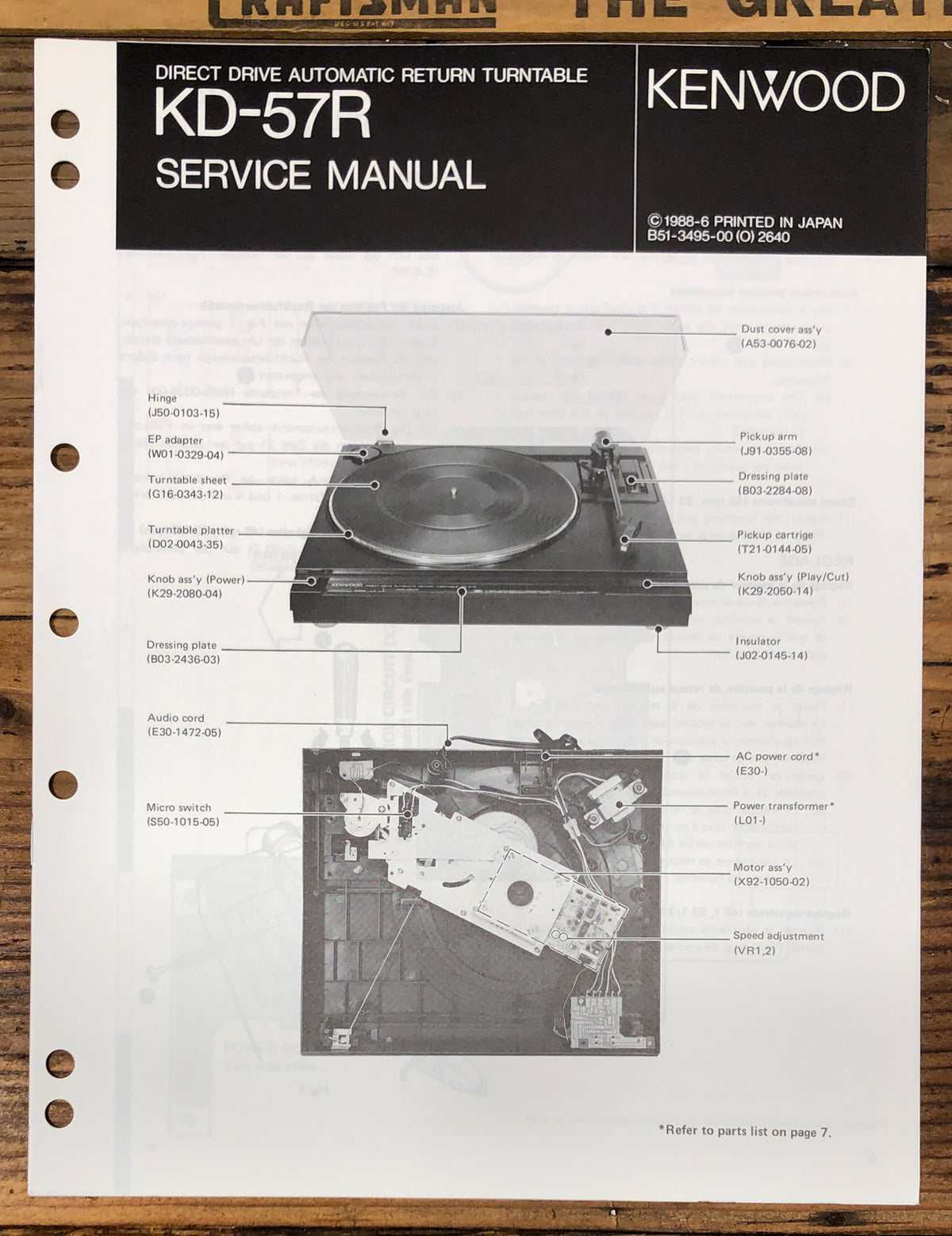 Kenwood KD-57R Record Player / Turntable  Service Manual *Original*