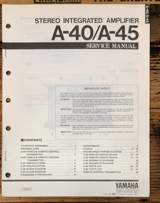 Yamaha A-40 A-45 Amplifier  Service Manual *Original*