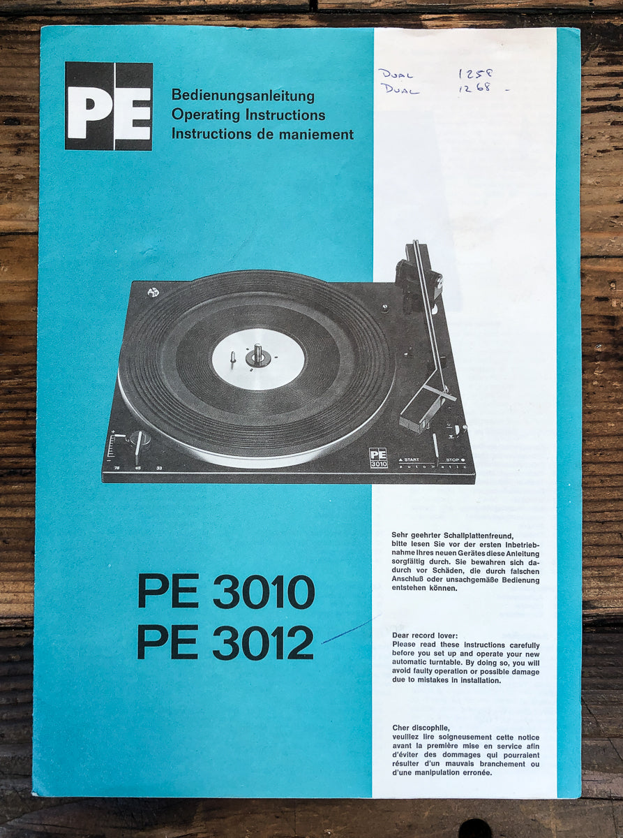 PE Perpetuum Ebner Model 3010 3012 Turntable Owners / User Manual *Original*