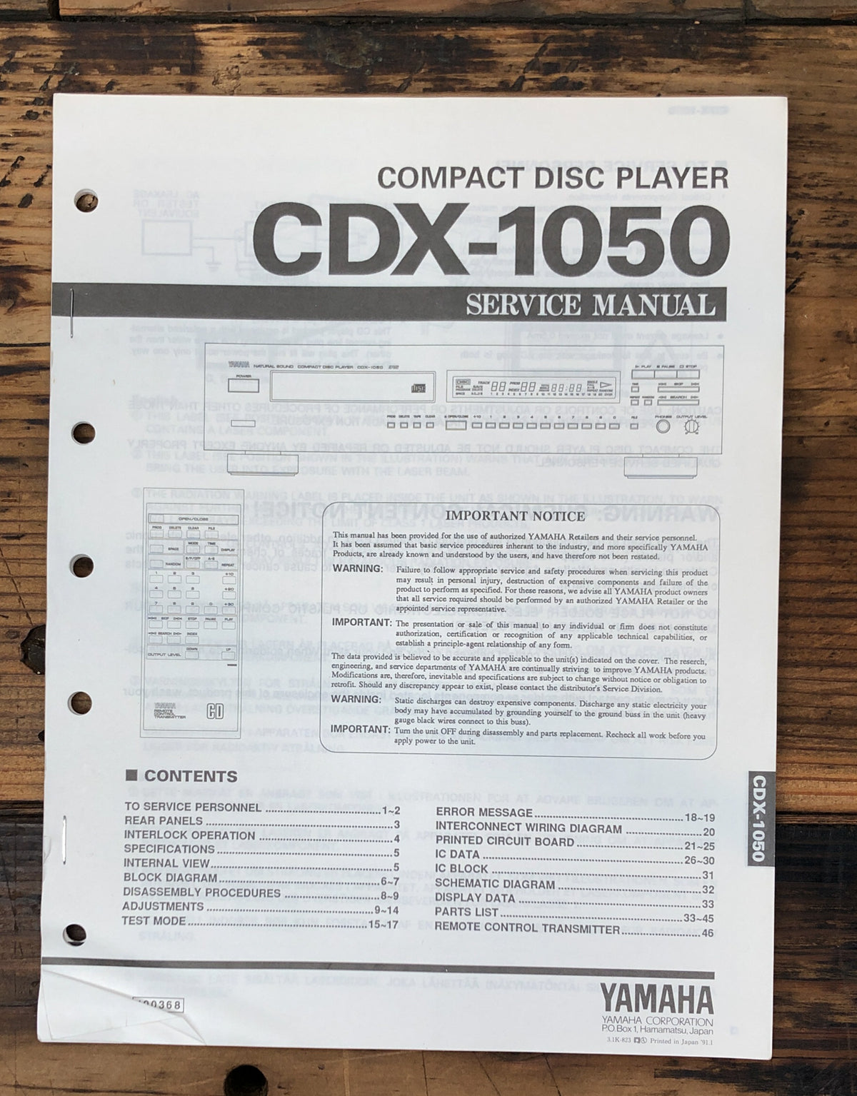 Yamaha CDX-1050 CD Player Service Manual *Original*