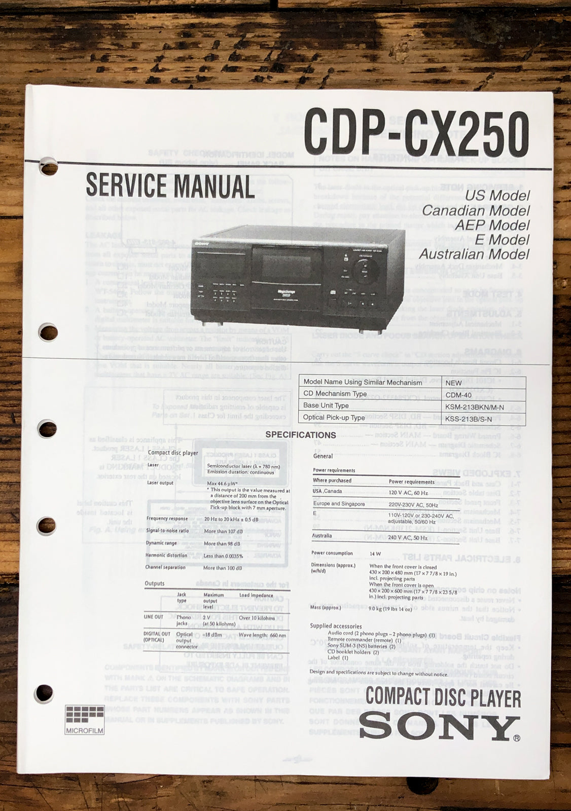 Sony CDP-CX250 CD Player  Service Manual *Original*
