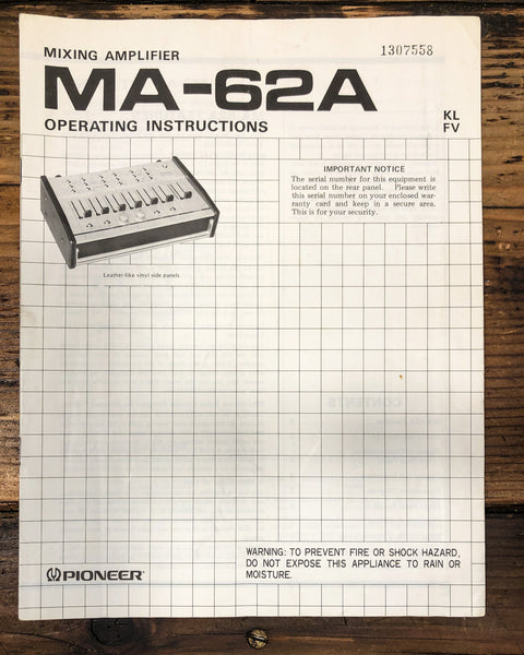 Pioneer MA-62A Mixing Amplifier Owners / User Manual *Original*