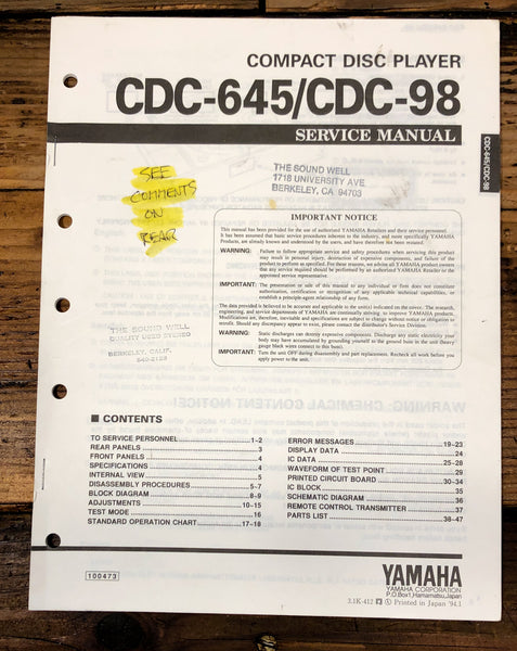 Yamaha CDC-645 CDC-98 CD Player  Service Manual *Original*