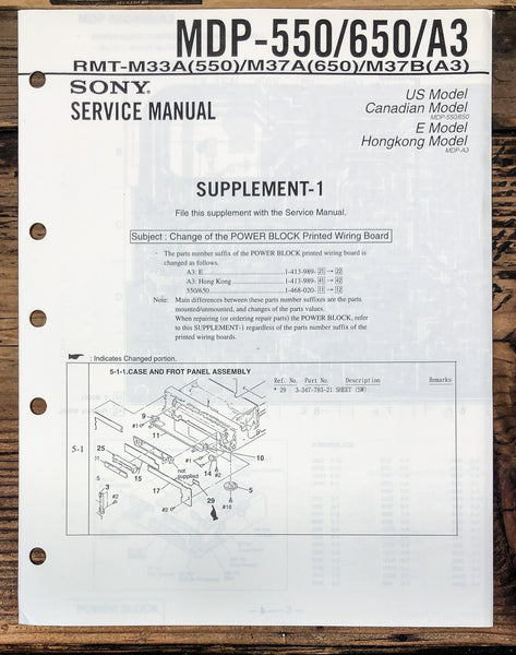 Sony MDP-550 -650 -A3 MD Minidisc Supp. Service Manual *Original*
