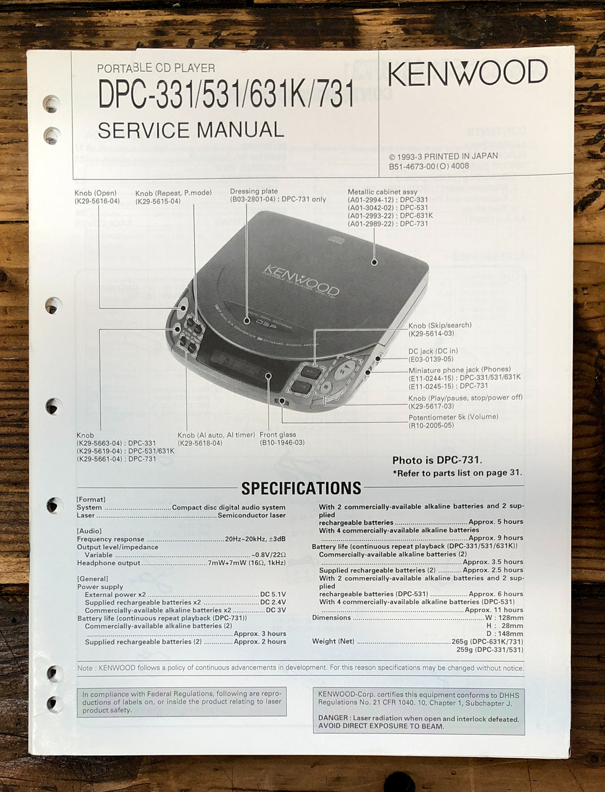 Kenwood DPC-331 -531 -631 -731 CD Player  Service Manual *Original*