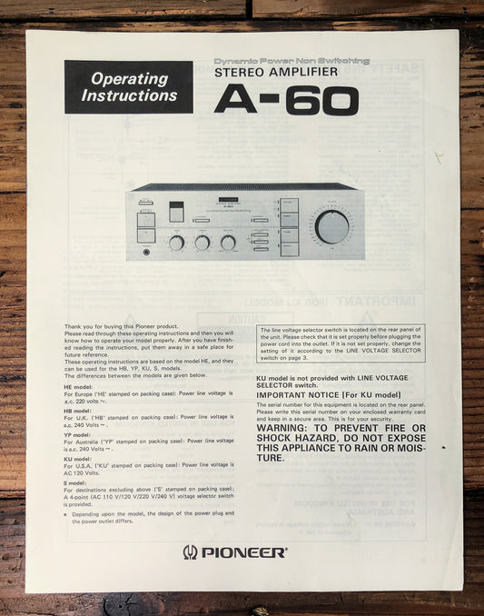 Pioneer A-60 Amplifier Owners / User Manual *Original*