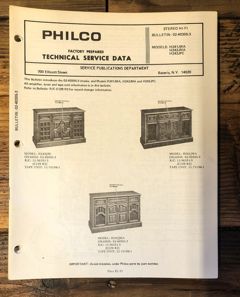 Philco H241JWA H242JMA H243JPC Console Stereo  Service Manual *Original*