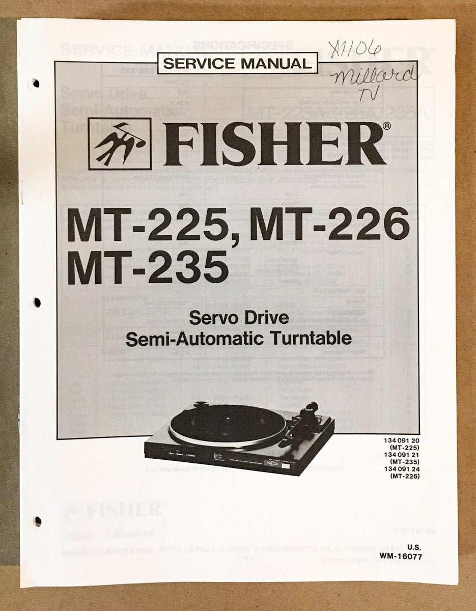 Fisher MT-225 MT-226 MT-235 Record Player / Turntable Service Manual *Original*