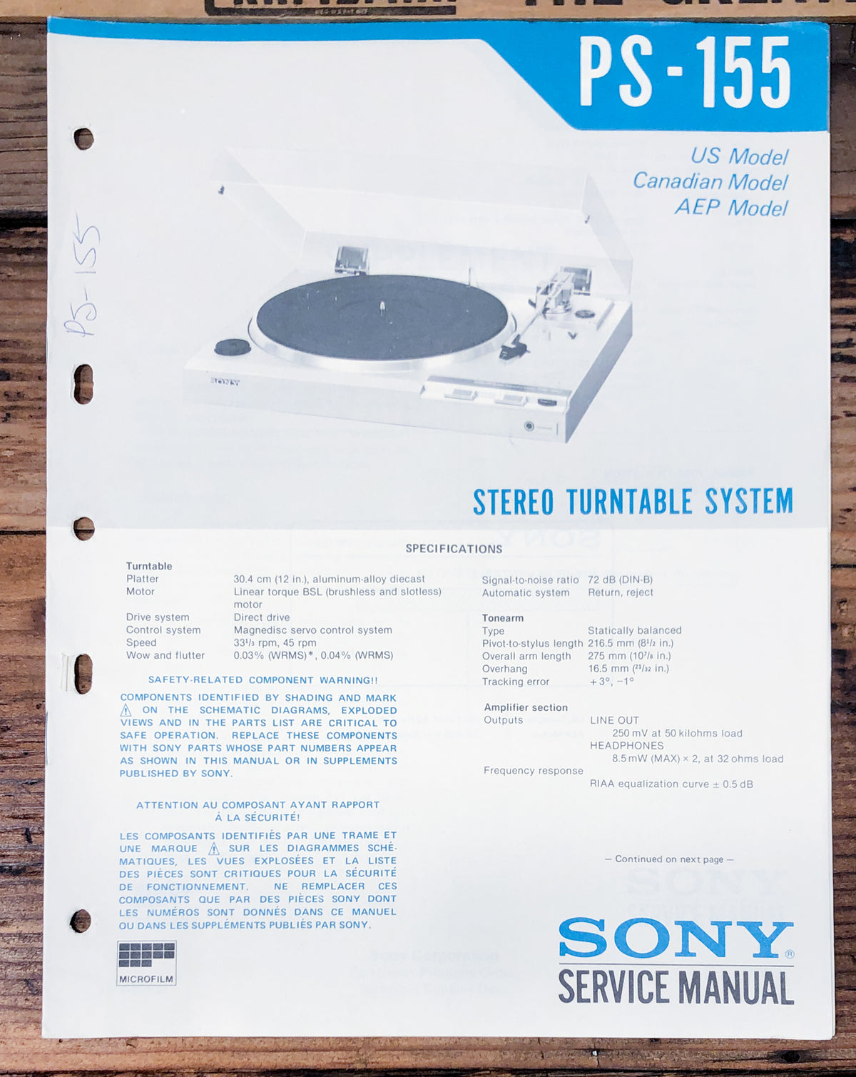 Sony PS-155 Record Player / Turntable  Service Manual *Original*