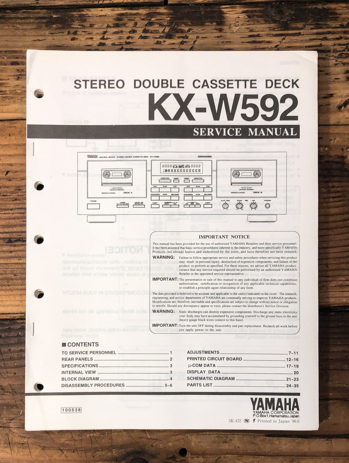 Yamaha KX-W592 Cassette Service Manual *Original*