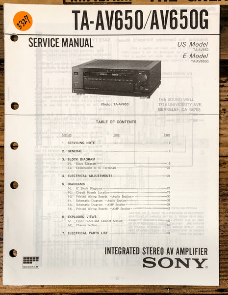 Sony TA-AV650 TA-AV650G Amplifier  Service Manual *Original*