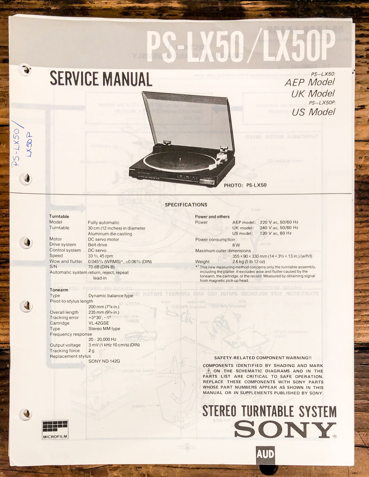 Sony PS-LX50 -LX50P Record Player / Turntable  Service Manual *Original*