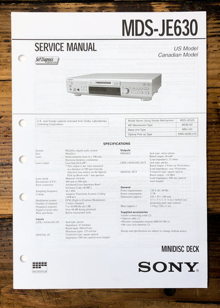 Sony MDS-JE630 MD Deck  Service Manual *Original*