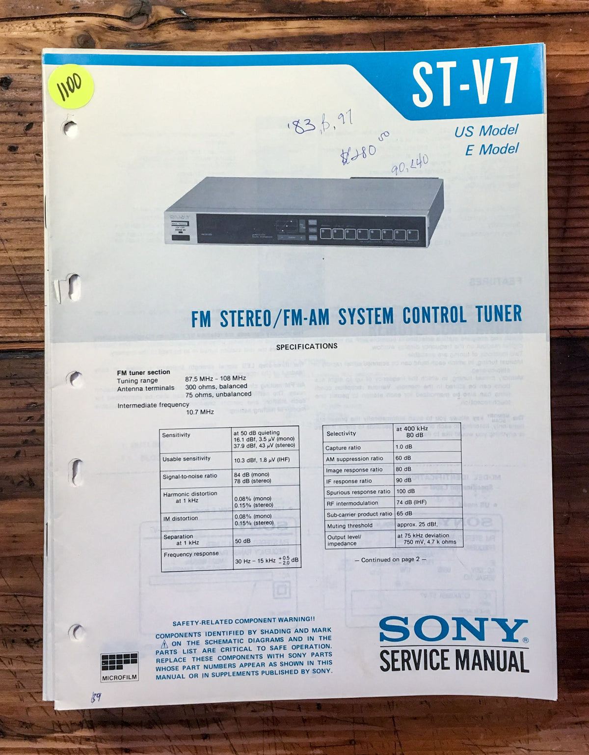 Sony ST-V7 Tuner  Service Manual *Original*