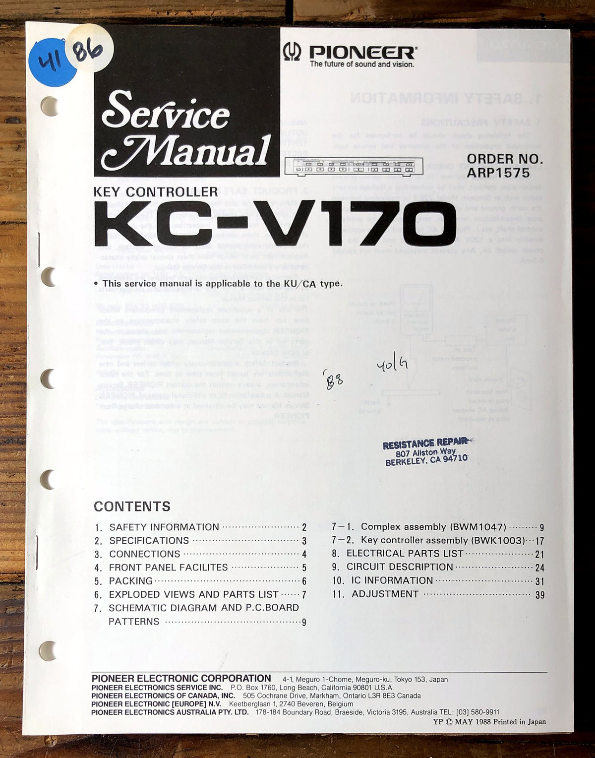 Pioneer KC-V170 Key Controller Service Manual *Original*