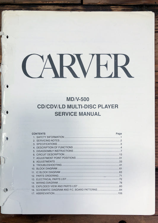 Carver MD/V-500 CD CDV LD Player Service Manual *Original*