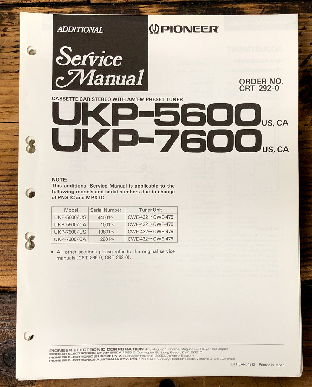 Pioneer UKP-5600 UKP-7600 Car Stereo Add. Service Manual *Original*
