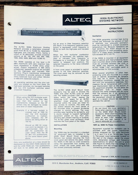 Altec Model 1630A Dividing Network  Owners Manual & Schematic *Orig*