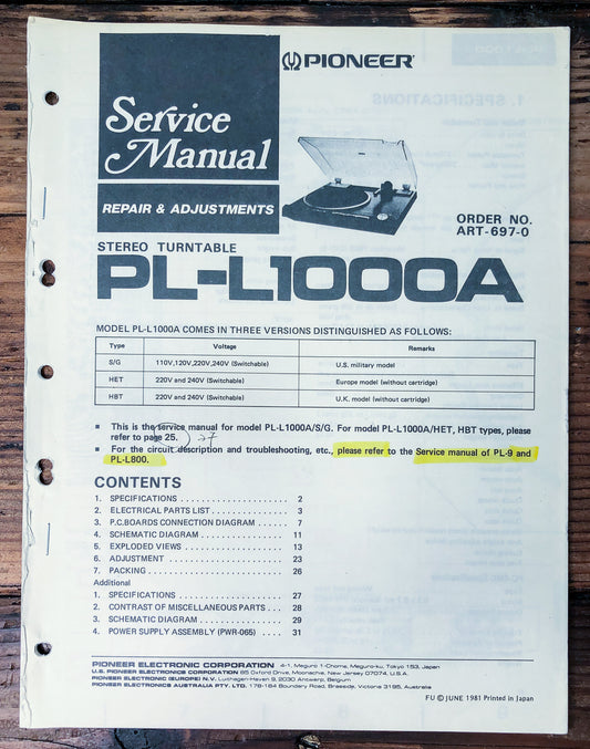 Pioneer PL-L1000A Turntable Service Manual *Original*