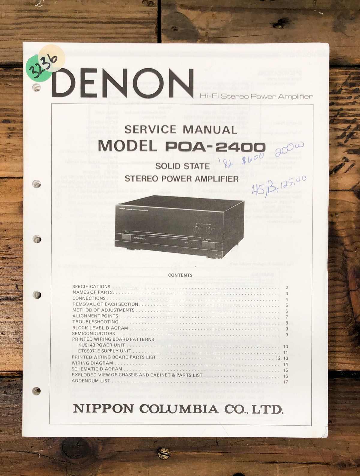 Denon POA-2400 Amplifier  Service Manual *Original*