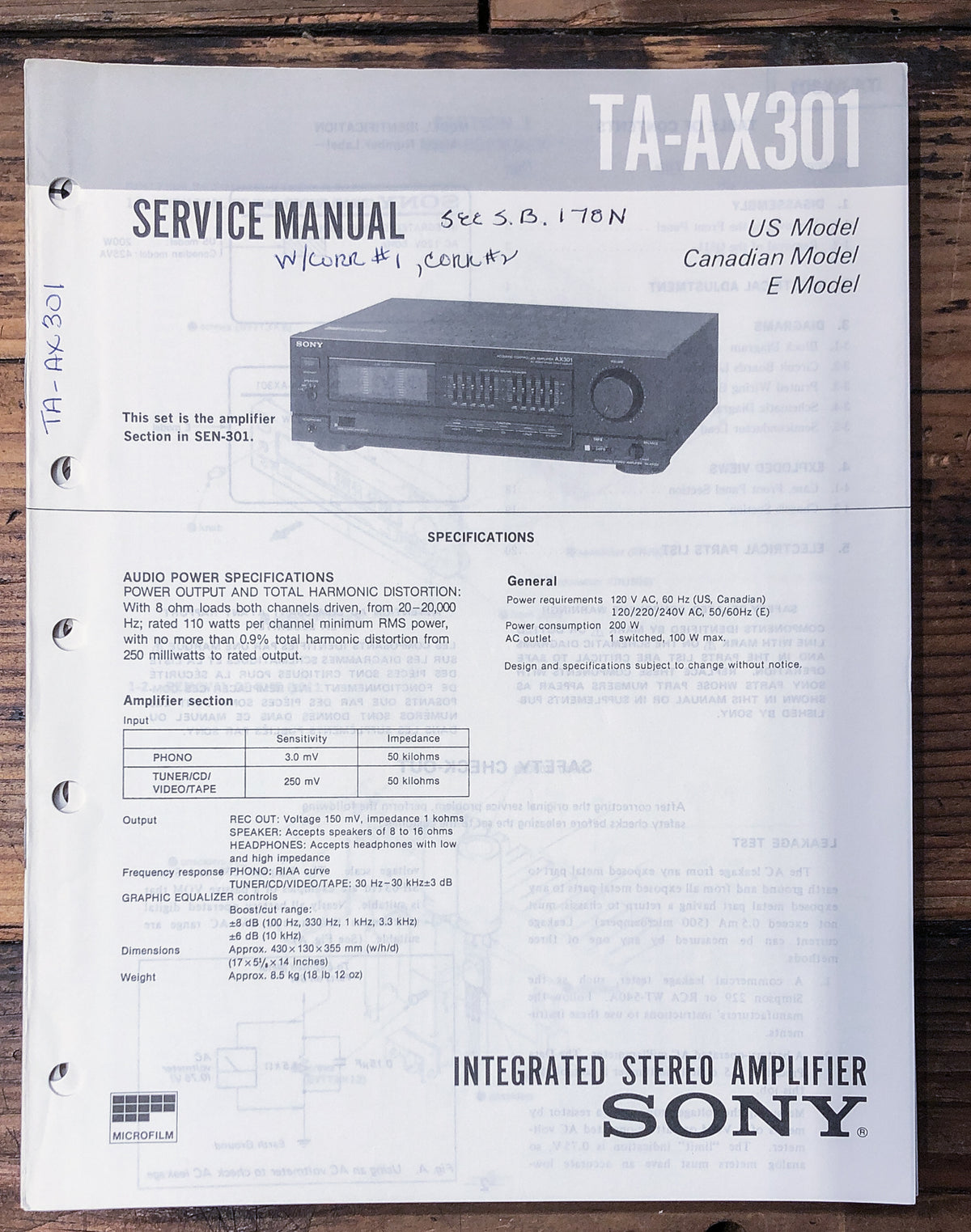 Sony TA-AX301 Amplifier  Service Manual *Original*