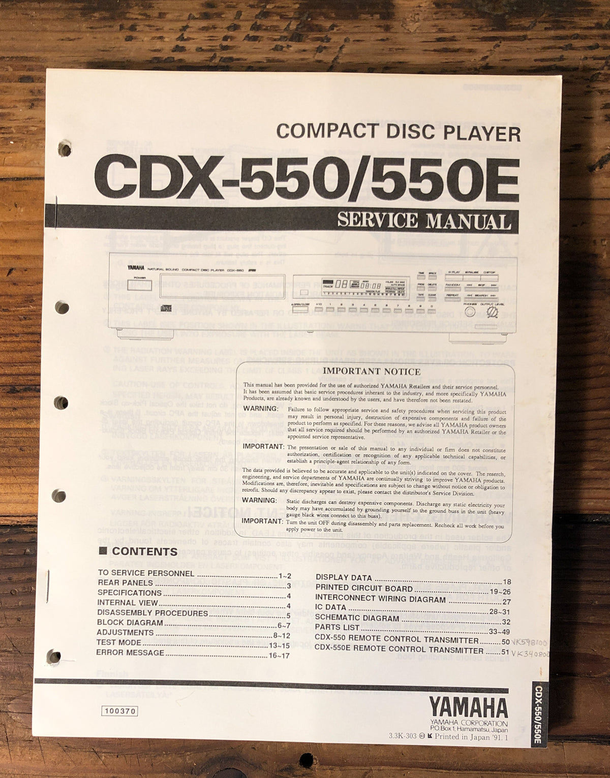 Yamaha CDX-550 CDX-550E CD Player  Service Manual *Original*