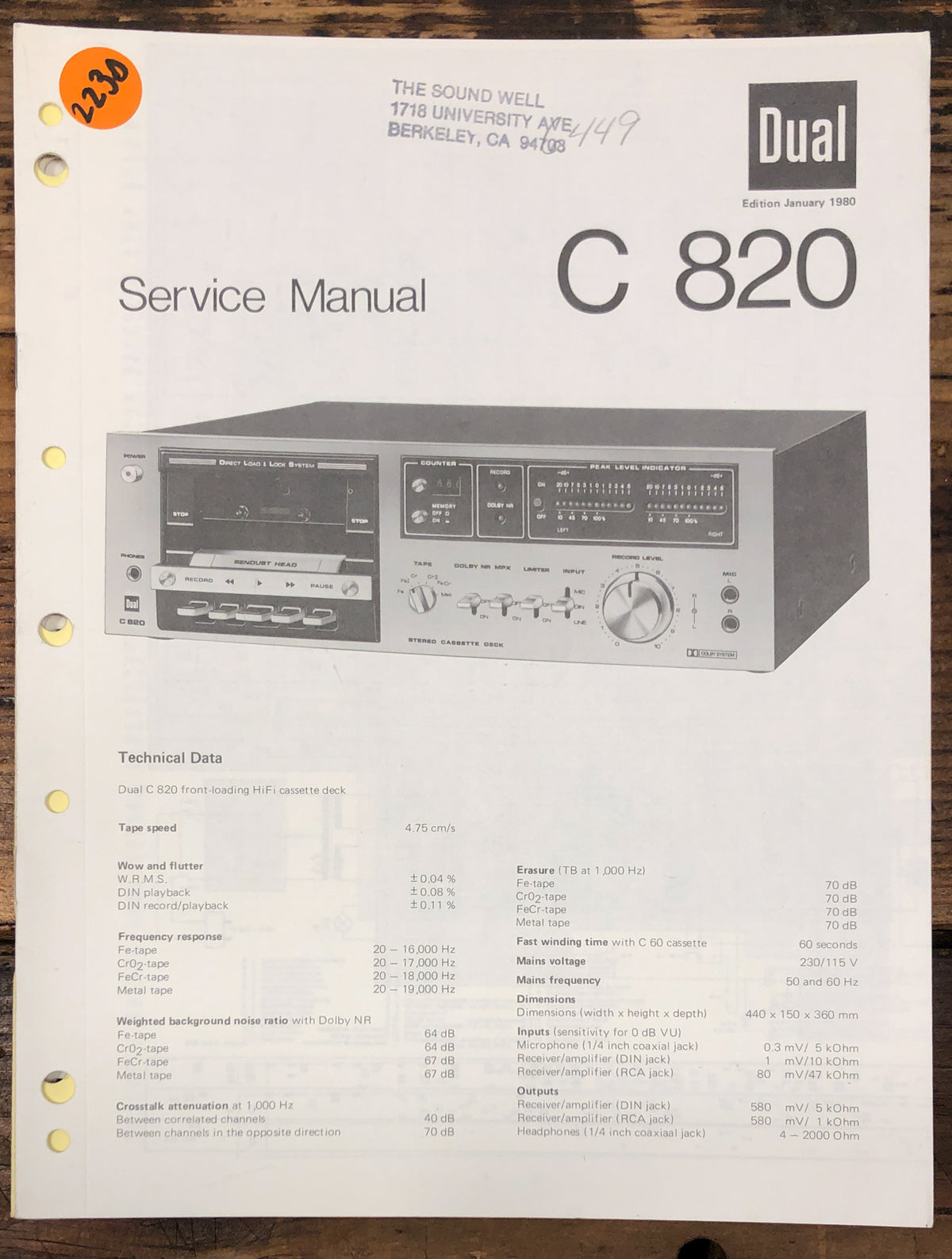 Dual C 820 C820 Cassette  Service Manual *Original*