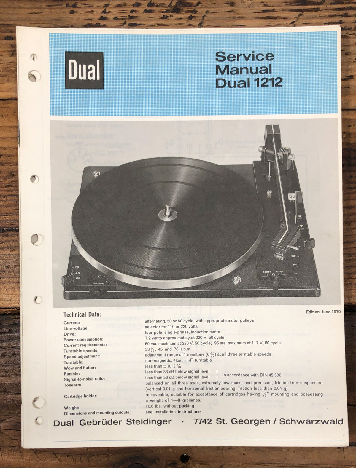 Dual Model 1212 Record Player / Turntable  Service Manual *Original*