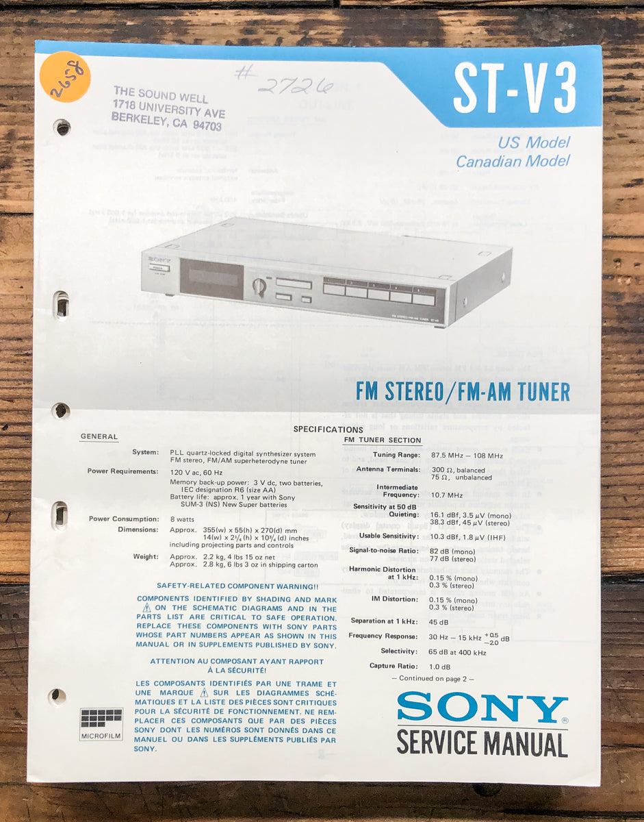 Sony ST-V3 Tuner  Service Manual *Original*