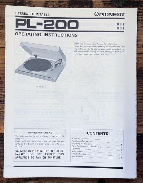 Pioneer PL-200 Record Player / Turntable  Owner / User Manual *Original*