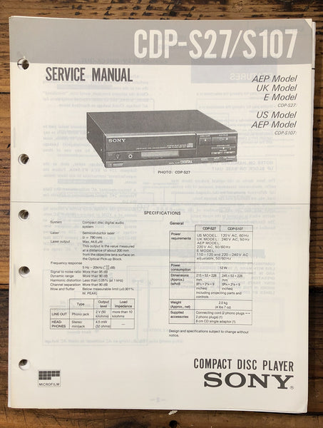 Sony CDP-S27 CDP-S107 CD Player  Service Manual *Original*