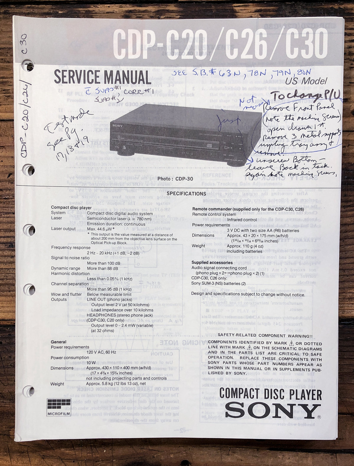 Sony CDP-C20 CDP-C26 CDP-C30 CD Player  Service Manual *Original*