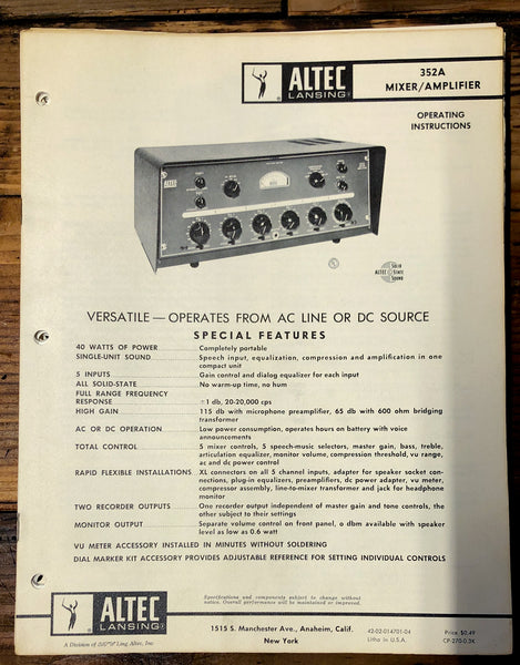 Altec Model 352A Amplifier  Owners Manual & Schematic *Orig*