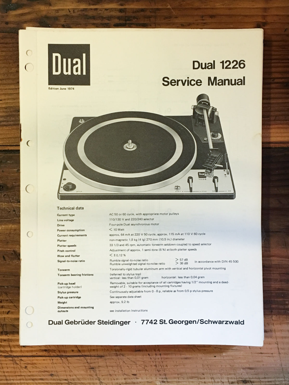 Dual Model 1226 Record Player / Turntable Service Manual *Original*