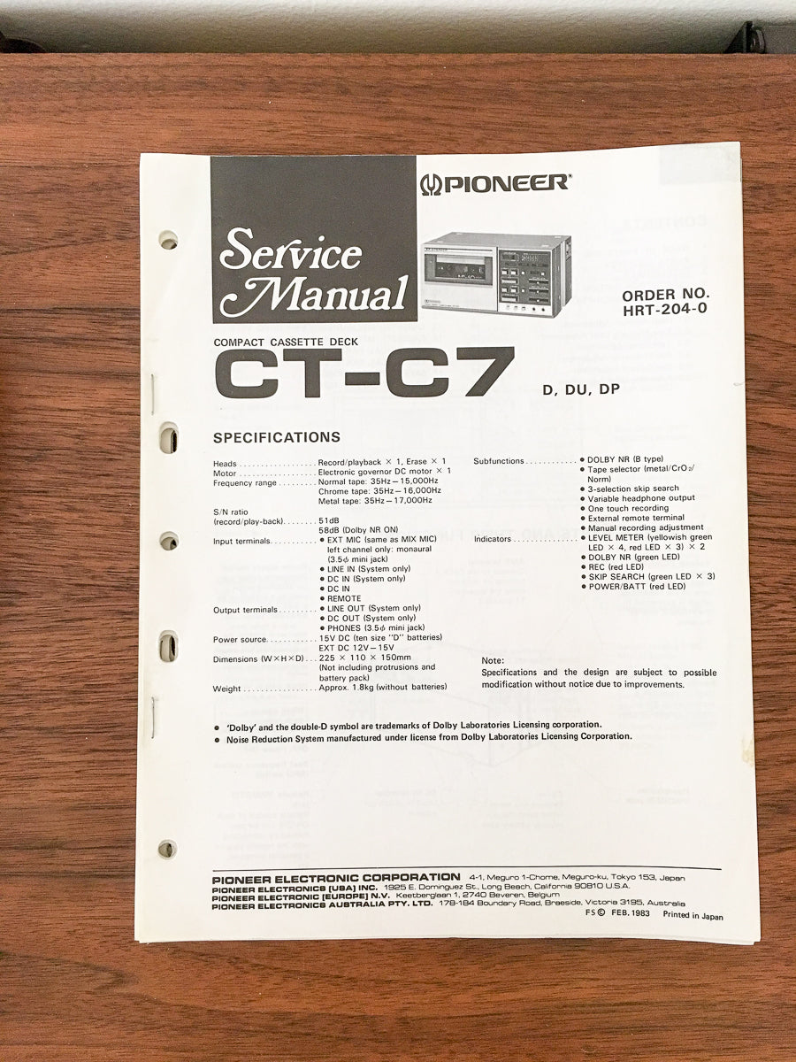 Pioneer CT-C7 Cassette Service Manual *Original* #2