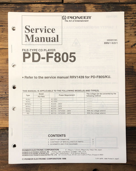 Pioneer PD-F805 CD Player  Service Manual *Original*