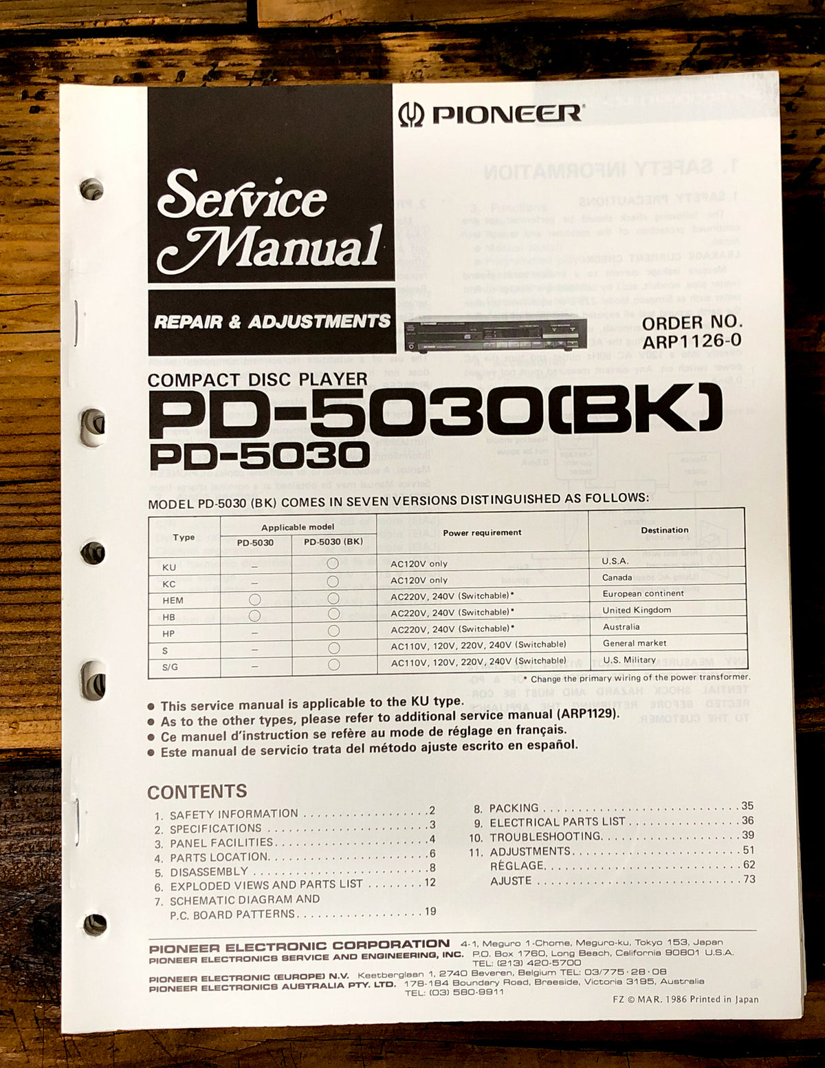 Pioneer PD-5030 CD Player  Service Manual *Original*
