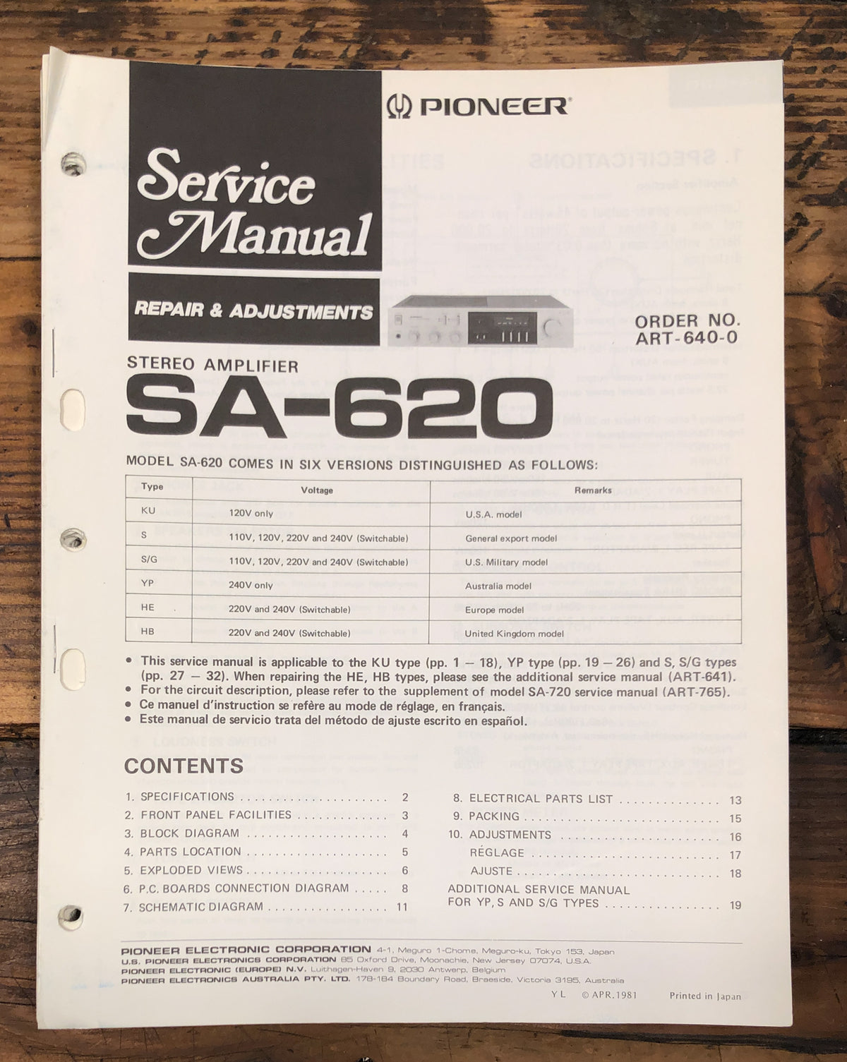 Pioneer SA-620 Amplifier Service Manual *Original*