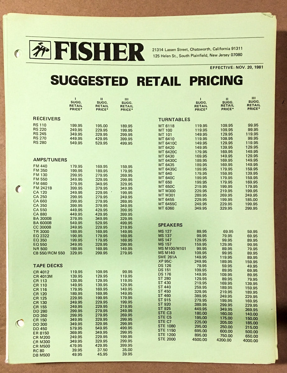 Fisher 1981 Audio Separates  Confidential Dealer Price List  *Original*