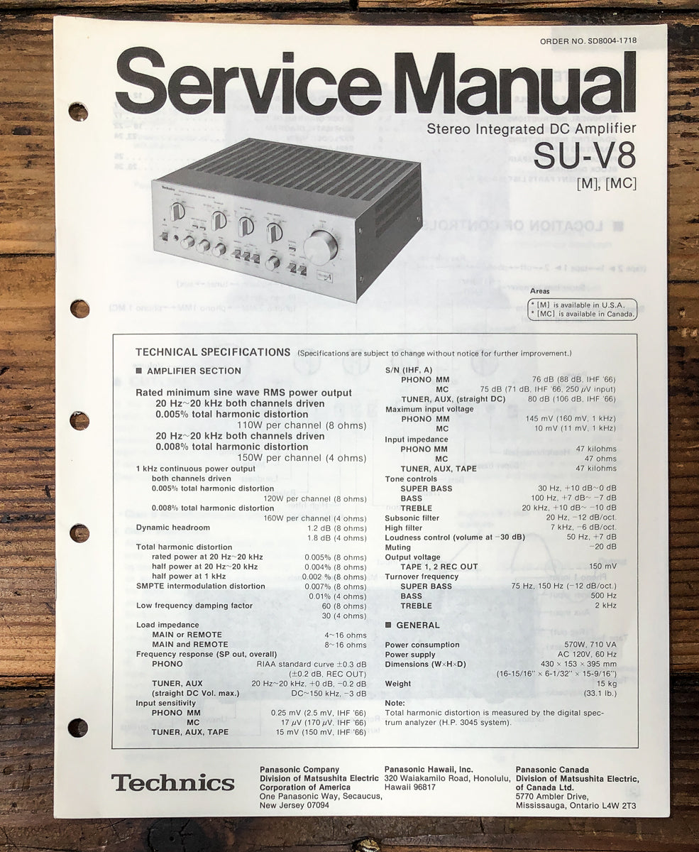 Technics SU-V8 Amplifier Service Manual *Original*