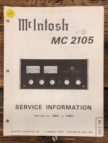 McIntosh MC2105 MC-2105 Amplifier  Service Manual *Original* #1