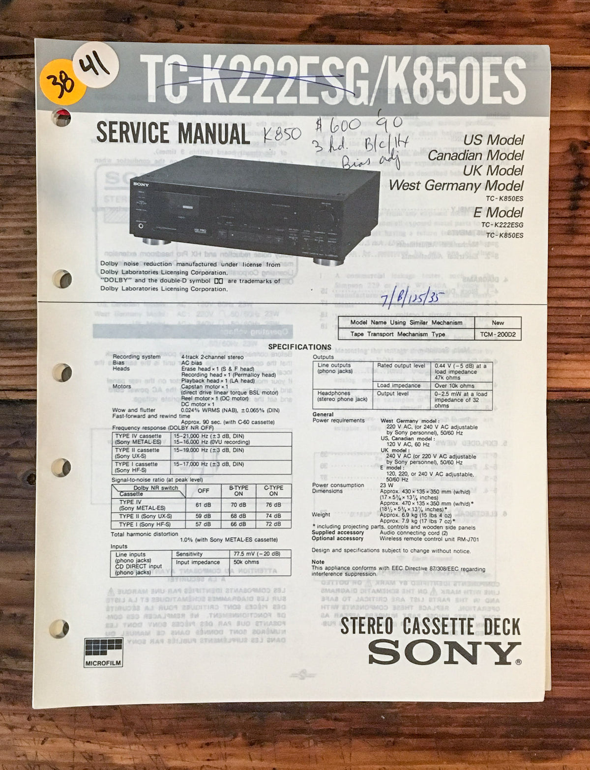 Sony TC-K222ESG TC-K850ES Cassette Deck  Service Manual *Original*