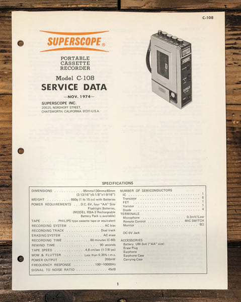Superscope C-108 Portable Cassette Service Manual *Original*