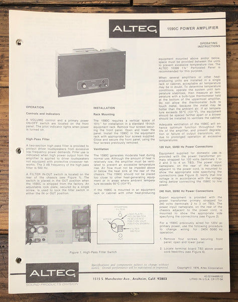 Altec Model 1590C Amplifier  Owners & Schematic Manual *ORIGINAL*