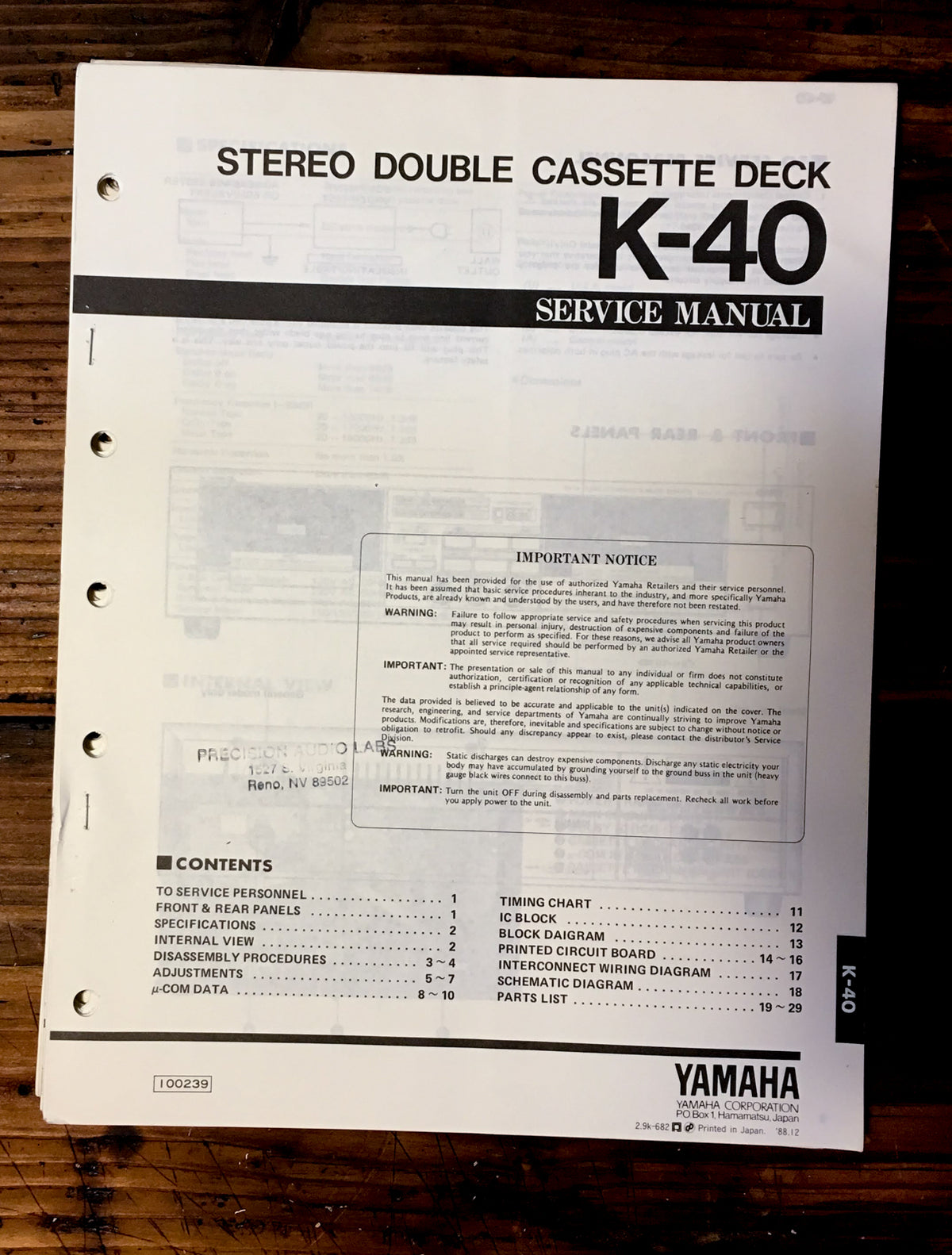 Yamaha K-40 Cassette Service Manual *Original*