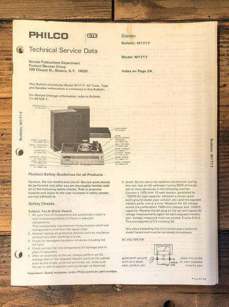 Philco Model M1717 Radio / Stereo  Service Manual *Original*