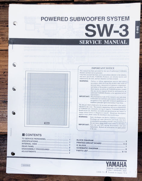 Yamaha SW-3 Powered Subwoofer  Service Manual *Original*